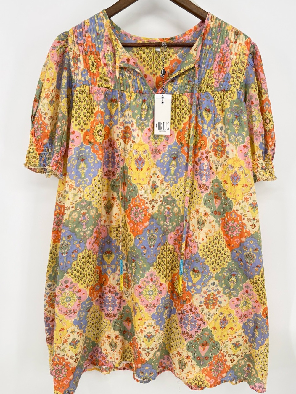 Kaktus Cracker Barrel Boho Patchwork Peasant Dress XL 100% Cotton Floral Tassel